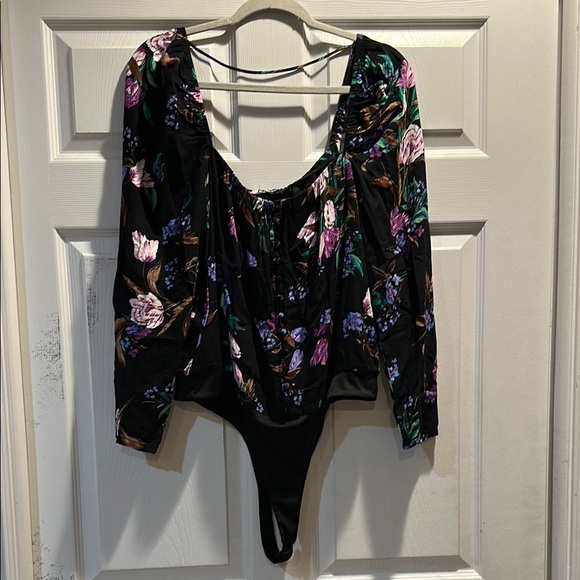 AFRM Noir Bouquet Black Purple Floral Square Neck Bodysuit L - Picture 1 of 7